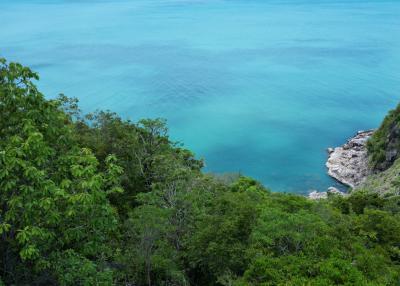 Aerial view of a coastline with lush greenery and turquoise waters