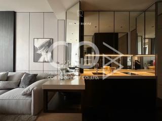 Modern living room interior with sofa and open kitchen