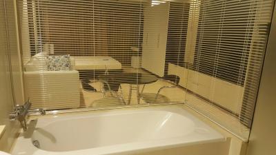 Modern bathroom with bathtub and window blinds