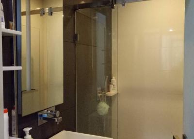 Modern bathroom interior with glass shower and tiled walls