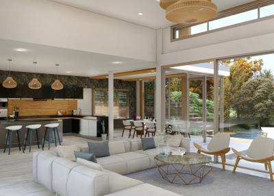 Spacious open concept living room with modern kitchen and large windows