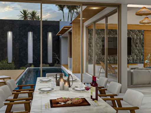 Modern patio dining area with pool view