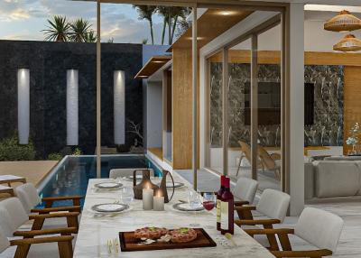 Modern patio dining area with pool view