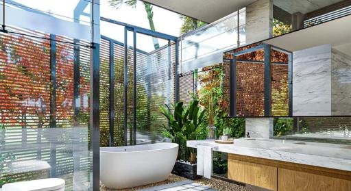 Spacious modern bathroom with natural light and greenery