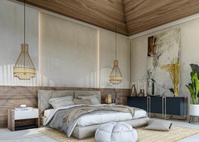 Modern bedroom interior with elegant decor and wooden accents