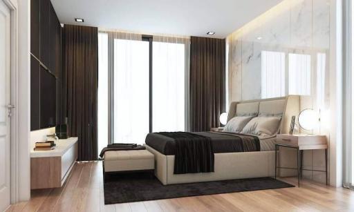 Modern bedroom with a large bed, side tables, lamps, and floor-to-ceiling windows