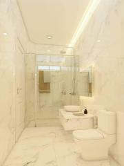 Modern Bathroom with Marble Finish and Glass Shower Enclosure