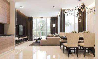 Modern living room interior with dining area and large windows