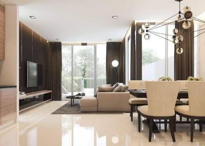 Modern living room interior with dining area and large windows