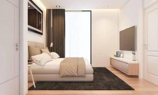 Modern bedroom interior with a minimalist design and large window