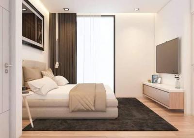 Modern bedroom interior with a minimalist design and large window