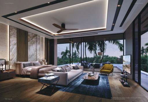 Modern living room with sophisticated lighting and stylish furnishings