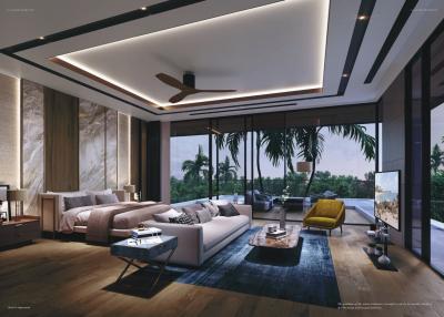 Modern living room with sophisticated lighting and stylish furnishings