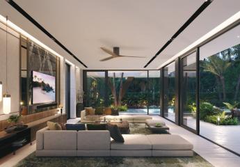 Modern spacious living room with large windows and garden view