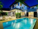 Elegant home exterior with a swimming pool at twilight