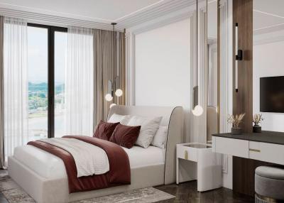 Modern bedroom interior with large windows and stylish decor