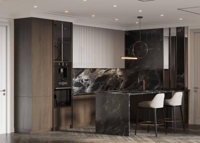 Modern kitchen with dark wood cabinets and marble accents