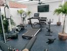 Spacious Home Gym with Variety of Fitness Equipment and Natural Lighting