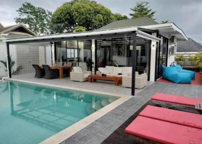 Modern outdoor living space with swimming pool and seating area