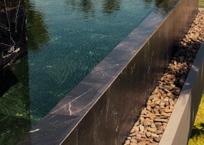 Elegant outdoor infinity pool with transparent walls and natural stone features