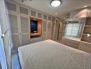 Cozy bedroom with built-in wardrobes and ample lighting