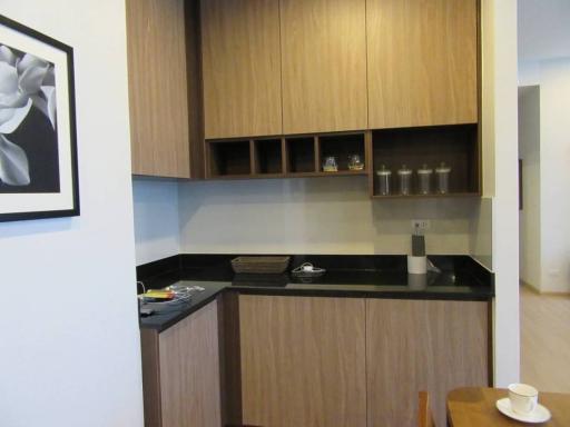 Modern compact kitchen with wood cabinets and black countertops