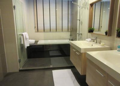 Modern bathroom interior with bathtub and double vanity