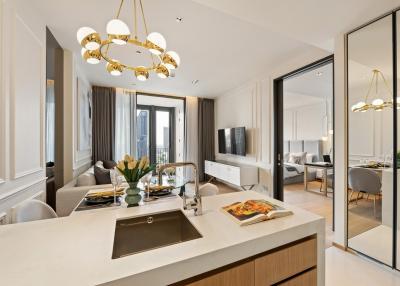 Modern kitchen with integrated dining area and open view to living room