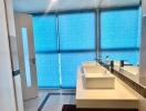 Modern bathroom with dual sink and blue privacy glass