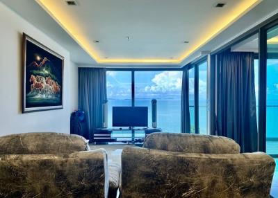 Modern living room with ocean view and ample seating