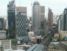 High-rise cityscape with skyscrapers and metro rail