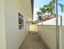 Narrow alleyway beside a residential building with palm trees