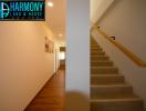 Modern hallway interior with staircase and bright lighting
