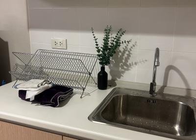 Modern kitchen with stainless steel sink and wooden cabinets