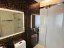 Modern bathroom with glass shower and mosaic tile walls