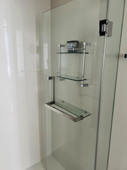Modern frameless glass shower enclosure in a clean bathroom