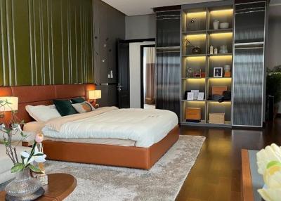 Modern bedroom with a large bed, built-in closets, and stylish decor