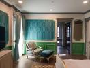 Elegant bedroom with green paneled walls and classic furniture