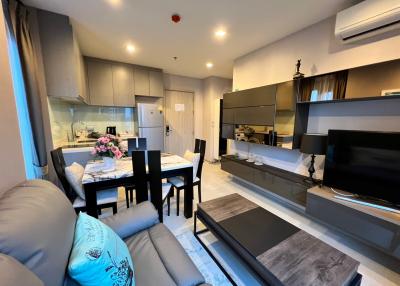 Modern apartment living space with open plan layout including kitchen, dining, and living area