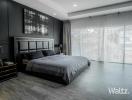 Contemporary bedroom with large windows and stylish decor