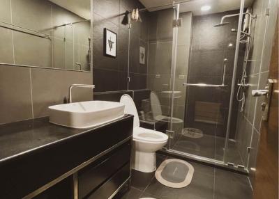 Modern bathroom interior with shower and dark tiles