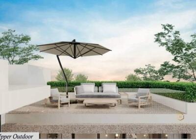 Spacious outdoor terrace with seating and lush greenery