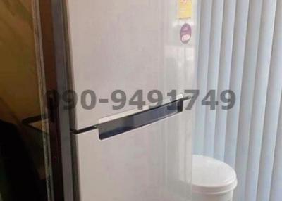 Modern white refrigerator in a kitchen setting with decorative plants on top