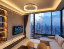 Modern living room with cityscape view
