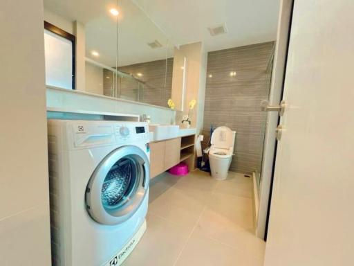 Modern bathroom with laundry facilities and bidet