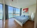Bright coastal bedroom with ocean view and modern decor