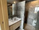 Modern bathroom with glass shower and elegant basin
