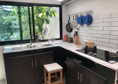 Modern kitchen with garden view, featuring stainless steel appliances and dark cabinetry