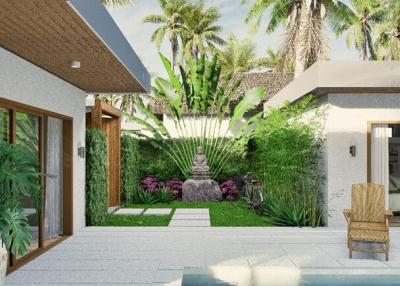 Spacious outdoor patio area with greenery and comfortable seating