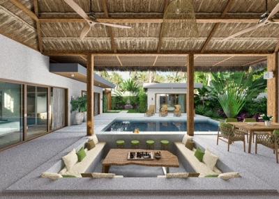 Luxurious outdoor living area with seating and pool